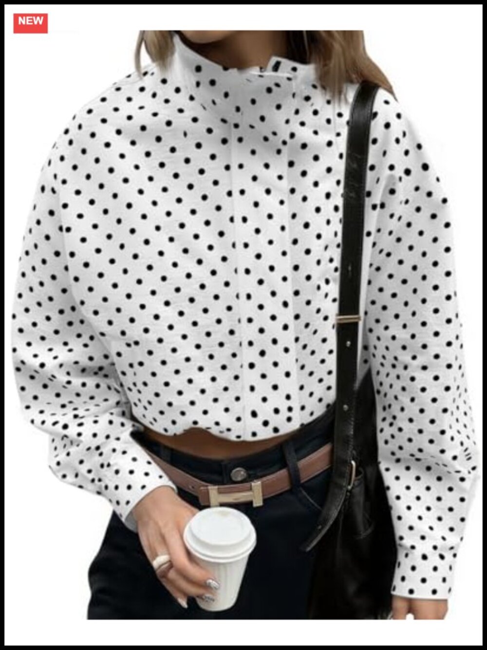 Polka Dot Zip Up Cropped Jacket Oversized Fit Casual